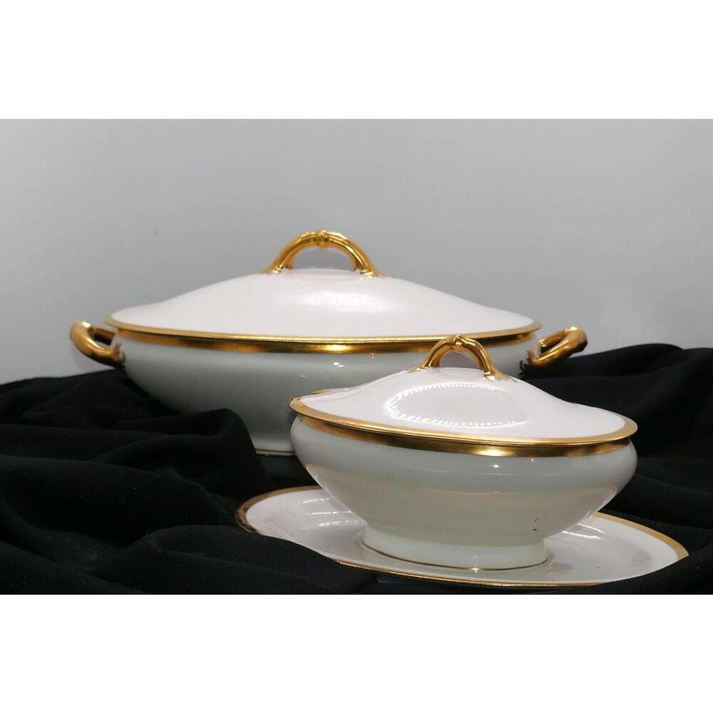 Vintage White Porcelain Covered Serving Bowls with Gold Trim